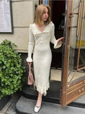 Yipinpay Ruffled Patchwork Knit Maxi Dress For Women Elegant Ribbed Long Sleeve Party Dress Gown Slim Knitwear Fashion Long Dress