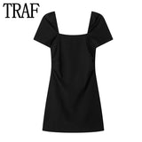 Yipinpay Black Backless Dress Woman Summer Short Dresses For Women 2023 Square Neck Puff Short Sleeve Mini Dress Sexy Party Dresses