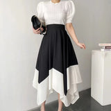 Yipinpay Waist Black White Contrast Temperament Irregular Skirts for Women 2023 Vintage Maxi Faldas Mujer Moda Korean Fashion