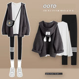 Yipinpay Women's 2024 Autumn New Matching Set Korean Elegant Hoodie Knitted Coat+Long Sleeve+Shark Pants Three Piece Female Clothing Suit