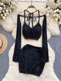 Yipinpay American Sexy Suits Hollow Out Long Sleeve Halter Mini Top+Slim Bodycon Skirt 2024 Y2K Summer Beach Style Knitted Sets