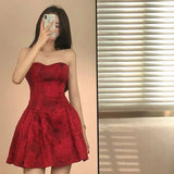 Yipinpay Hot Girl Red Strapless Printed Dress for Women's Summer Slim Fit Sexy Floral A-line Short Dress Fashion Female Clothes