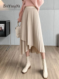 Yipinpay Women's Midi Pleated Skirt Asymmetrical Slim Elastic Waist Vintage Korean A-line Skirts 2023 Fashion Black Chic Skirt