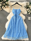Yipinpay Fashion Temperament Long Dress Spaghetti Strap Sleeveless Design Female Solid Senior Embroidery Mesh Party Dress