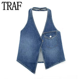 Yipinpay Blue Denim Top Female Halter Backless Crop Top Women Asymmetric Off Shoulder Tops For Women Sleeveless Summer Sexy Tops