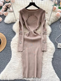 Yipinpay 2024 Autumn Knitted Chic Dress O Neck Hollow Out Long Sleeves Bows Decoration Solid Women Slim Fit Bodycon Party Dress