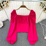 Yipinpay Puff Sleeve Square Collar Shirts Women Elegant Sexy Ruched Korean Female Blouses Streetwear Y2K Harajuku Blusas Tops