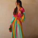 Yipinpay 2023 Tie Dye Long Dress Women Ruched Chiffon Midi Dress Woman Long Sleeve Summer Dresses Asymmetric Holiday Party Dresses