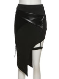 Yipinpay Irregular Black Mini Skirt Women Fashion Sexy Leather Patchwork Slim High Waist Split Skirts Gothic Grunge Streetwear