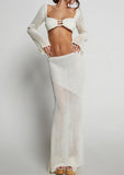 Yipinpay Womens 2Pcs Clubwear Outfit Sets Long Hollow Sleeve Crop Tops + White Long Knitted Skirt Club Streetwear New Aesthetics