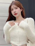 Yipinpay Mohair Zipper Sweater Sueter White Fur Cropped Cardigan Knitted Jacket Korean Fashion Clothes Pink Cardigan Tops Women