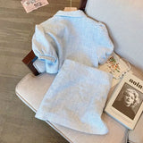 Yipinpay Puff Short Sleeve Cardigan Blue Plaid Shirts Tweed Coat Wrap Hip Skirts Women Two Peice Sets Crop Tops Suits