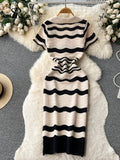 Yipinpay Short Sleeves Striped Long Dress Lapel Neck Hollow Out Slim Bodycon Sundress Fashion Hotsweet Knitted Beach Midi Dress