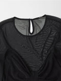 Yipinpay Spring 2024 Women Sexy Semi-sheer Patchwork Mesh T Shirt Long Sleeve O Neck Black Tee Summer Crop Top