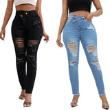 Yipinpay New High Waist Diagonal Button Design Ripped Jeans For Women Fashion Stretch Slim Denim Pencil Pants Skinny Trousers XS-2XL