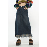 yipinpay Women Blue Denim Half Body Skirt Tassels Bottoms High Waist Casual Korean Mid Length Skirt Baggy Vintage Female Long Skirt
