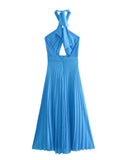 Yipinpay 2023 Woman Halter Long Dress Women Cut Out Blue Backless Dress Woman Pleated Off Shoulder Summer Elegant Party Dresses