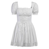 Yipinpay Women‣s Sweet Puff Sleeve A-line Dress Fashion Solid Color Bandage Lace Trim Short Dress Goth Style Summer