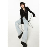 yipinpay Women Black Cardigan Sweater Star Embroidery Irregular Outerwear V-neck American Fashion Lazy Wind Winter Thin Knitting Coat