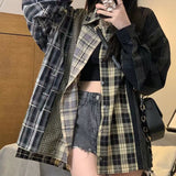 Yipinpay Vintage Patchwork Plaid Shirt Women Cardigan Top Grunge Korean Style Long Sleeve Loose Button Up Shirt Casual Streetwear