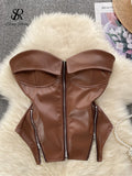 Yipinpay Strapless PU Leather Short Tank Top Fashion Zipper Design Slim Chic Backless Camis Ladies Streetwear Club Sexy Top