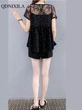 Yipinpay Summer Oversized Lace Cute Sweet Women Shorts Set Fashion Dot Short Sleeve Slim Sling Dress Wide Leg Shorts 2-piece Set