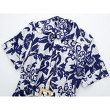 Yipinpay Blue Floral Shirt Dress Woman Vintage Print Long Dress Women Short Sleeve Elegant Chic Women Dresses Casual Summer Dresses