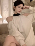 Yipinpay Shirts Women Elegant Off Shoulder Satin Bandage Stand Collar Long Sleeve Hollow Out Loose Blouse Female Casual Sexy Tops