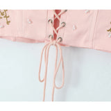 Yipinpay High Quality Women Floral Embroidery Beading Pink Strapless Top Lacing Up Bandage Back Female Summer Sexy Crop Top