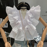 Yipinpay Red V Neck Blouse Layered Ruffled Sleeveless Chiffon Shirt Waist Design Crop Top Femme Shirts for Women Blusas White Flying