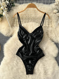 Yipinpay Sexy PU Leather Camis Bodysuits Women French Style V Neck Straps Sheath Rompers 2024 Summer Solid Fashion Jumpsutis