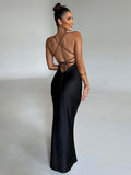Yipinpay MO Sexy Spaghetti Strap Satin Lace Up Maxi Dress Elegant Backless Women Mermaid Evening Dress Bodycon Party Vestido 2023