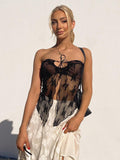 Yipinpay MO 2023 Slim Ruched Mesh Patchwork Lace Crop Tops Women Sexy Bandage Off-shuolder Backless Cropped Top Vest