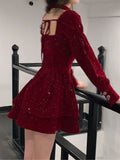 Yipinpay Hot Girl Red Velvet Dress Women's Autumn/Winter Christmas Square Collar Long-sleeved Slim Fit A-line Dress Female Clothes
