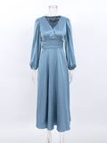 Yipinpay Evening Elegant Women Drape Dress Satin V-Neck Lantern Sleeve Party Dress Ladies Spring 2023 Flowing Midi Dress Navy