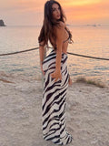 Yipinpay MO Women Summer Zebra Print Hollow Out Maxi Dress Sexy Mesh See Through Round Neck Sleeveless Outfits Beach Holiday Robe