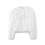 Yipinpay 2024 Women Fashion Hollow Out Embroidery White Blouse Tops Long Sleeve O Neck Female Crop Shirt Streetwear ropa de mujer