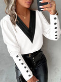 Yipinpay Women's Casual Shirt Autumn Fashion V-neck Patchwork White Long Sleeve Button Office Lady Blouse Women Streetwear Tops Clothing