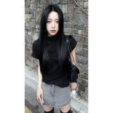 Yipinpay Solid Color Retro High Collar Small Flying Sleeve T-shirt Women Top Summer Pleated Short Sleeve Slim Versatile Short Top