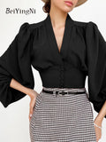 Yipinpay French V-neck Shirts Women Sexy Elegant Fashion Casual Lantern Sleeve Blouses Woman Vintage Crop Tops White OL Blusas