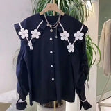 Yipinpay Beaded 3D Flower White Shirt Long Sleeve doll Shirt Top Casual Black Blouse Chemise Femme 2023 Fall Camisas Blusas Mujer