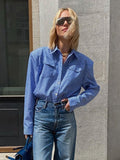 Yipinpay Long Sleeves Stripe Shirts Woman Fashion Office Ladies Blue Lapel Blouses With Shoulder Pads Streak Chic Tops 2023
