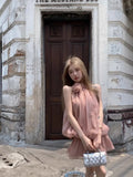 Yipinpay Elegant Dresses Women Flowers Sleeveless Ruffled Collar Halter Mesh Patchwork Backless Loose Holiday Sweet Party Dress