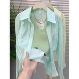 Yipinpay Women Blouses Drawstring Short Sunscreen Loose Long Sleeve Tops Camisa Feminina Casual Blusas Mujer Perspective Gauze Shirt