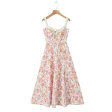 Yipinpay 2024 Women French Style Floral Print A-line Midi Sling Dress Sexy Sleeveless Front Slit Female Holiday Party Summer Dress