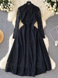 Yipinpay Autumn Elegant French Long Dress 2024 Stand Collar Long Sleeves Button Design Hotsweet Lace Party Dress
