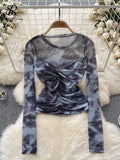 Yipinpay Europe Long sleeved Mesh Sheer T-shirt Fashion Skinny Temperament Office Lady Blouse O Neck Pleated Tie Dye Print Top