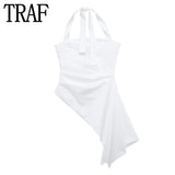 Yipinpay White Halter Top Women Asymmetric Backless Top Female Ruched Summer Blouses For Women 2023 Streetwear Sexy Tops Woman