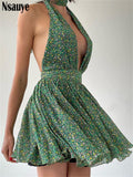 yipinpay Summer Print Floral Halter Sleeveless A-Line Dresses 2023 Casual Beach Party Women Low Cut Pleated Slim Mini Dress Green