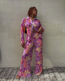 Yipinpay Women Casual 2 Pcs Clothes Set Flower Abstract Pattern Print Lapel Buttons Long Sleeve Shirts Tops With Loose Long Pants New